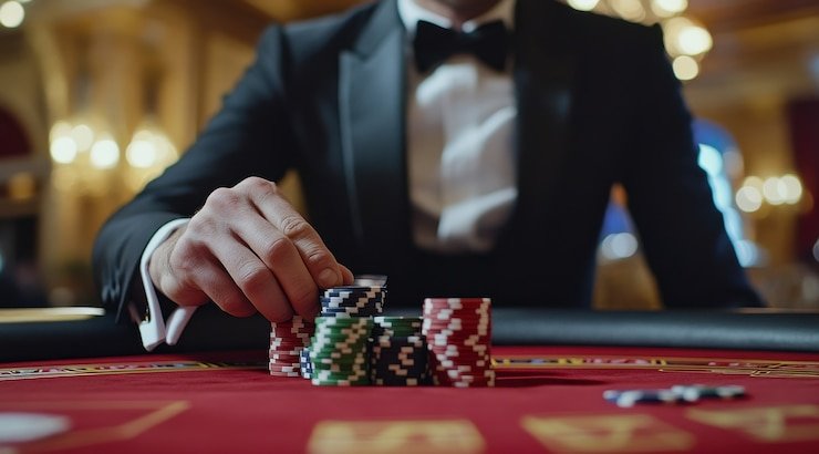 Meja Casino Hold'em prada118 dengan dealer profesional dan kartu komunitas yang ditampilkan